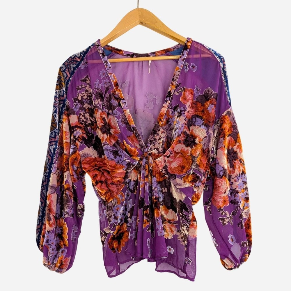 Free People Bonnie Burnout Velvet Floral Peplum Blouse Top Purple Orange Small
